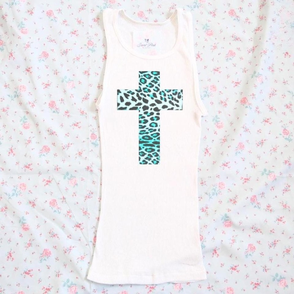 Y2K Turquoise Leopard Cross Graphic Ribbed Tank Top